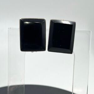 Rectangle Black Glass and 925 Mexico‎ Sterling Silver Clip on Earrings